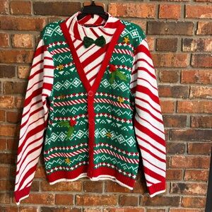 Blizzard Bay mens Christmas holiday cardigan vest sweater combo green/white L